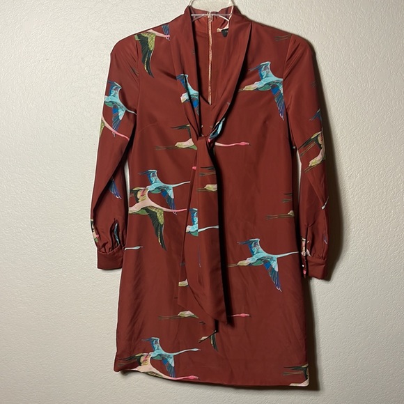 Ted Baker London Bow Necktie Tunic Dress Size 1 Rust Brown Flying Geese Pattern - Picture 2 of 13